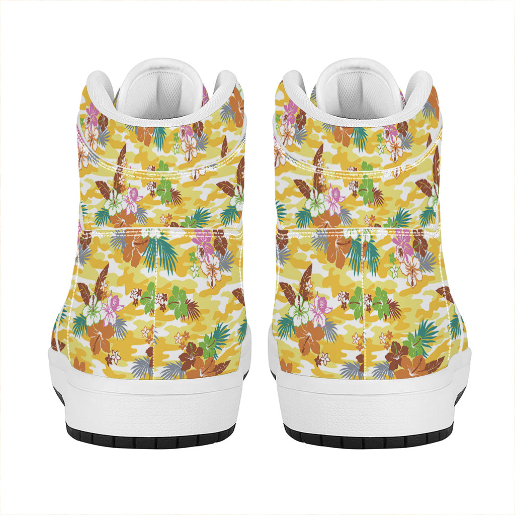 Yellow Camo And Hibiscus Flower Print High Top Leather Sneakers