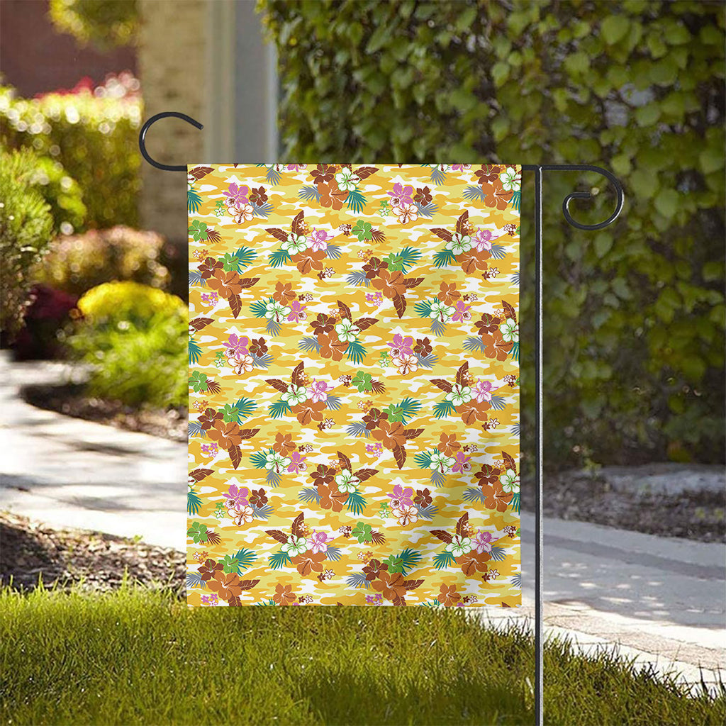 Yellow Camo And Hibiscus Flower Print House Flag