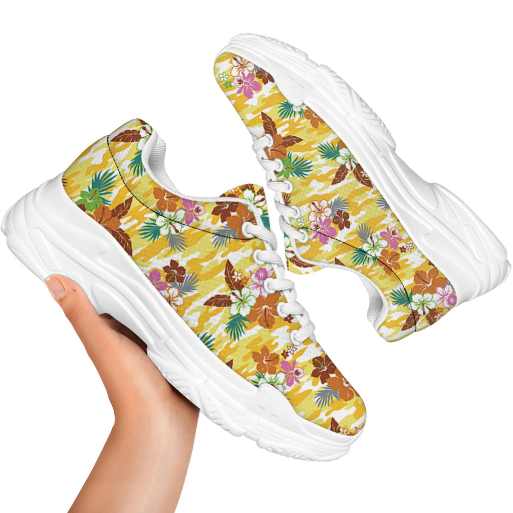 Yellow Camo And Hibiscus Flower Print White Chunky Shoes