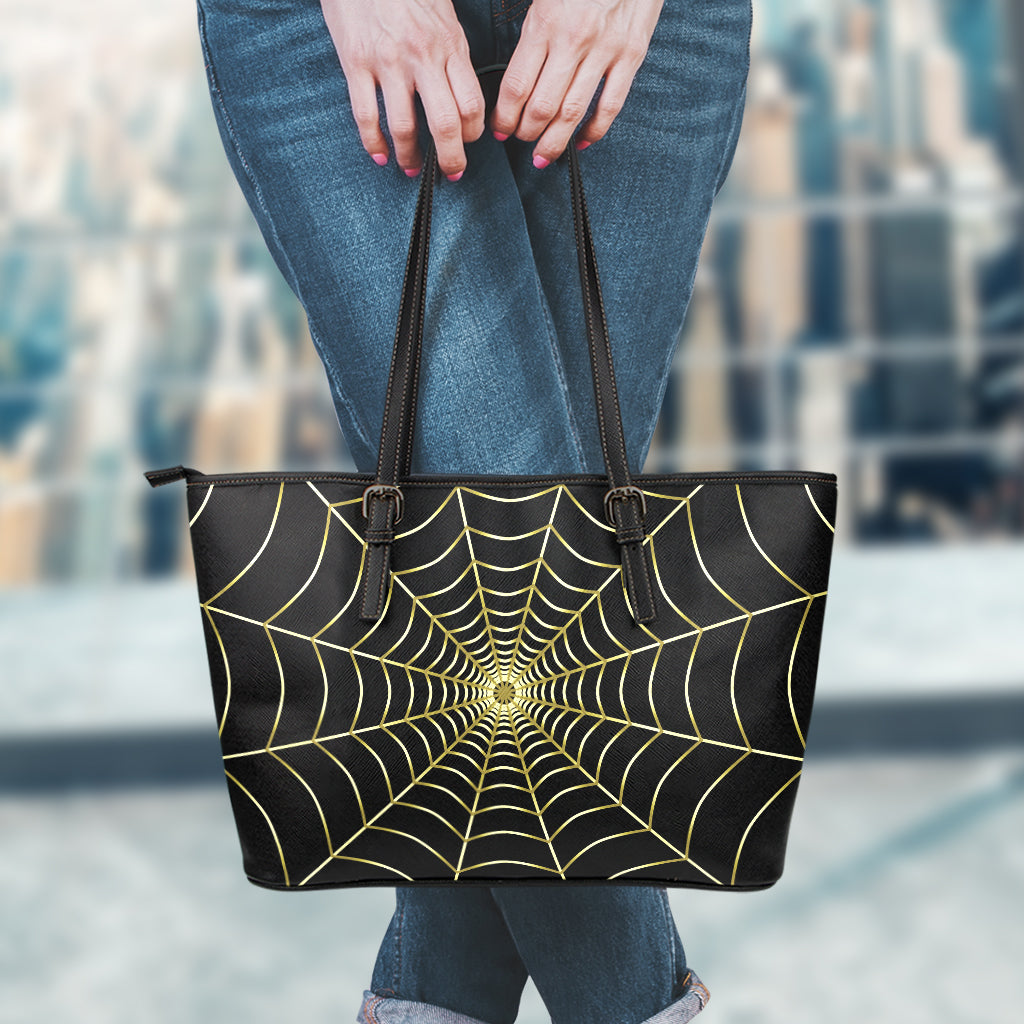 Yellow Cobweb Print Leather Tote Bag
