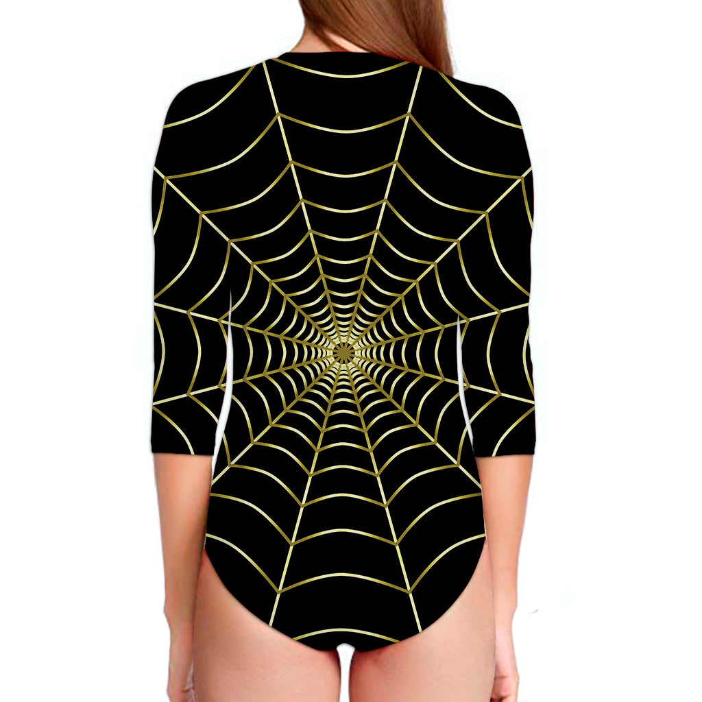 Yellow Cobweb Print Long Sleeve Swimsuit
