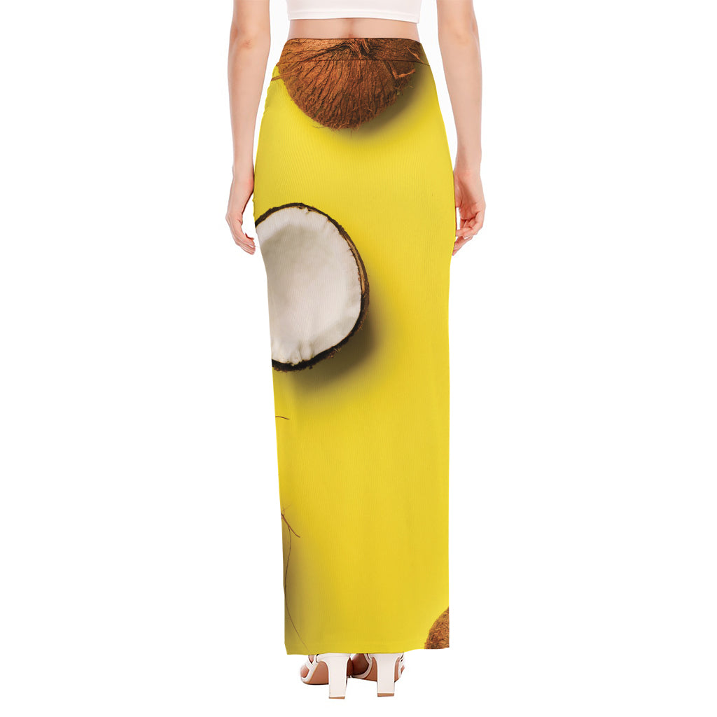 Yellow Coconut Pattern Print High Slit Maxi Skirt