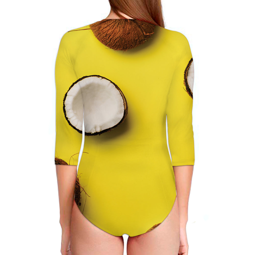 Yellow Coconut Pattern Print Long Sleeve Swimsuit