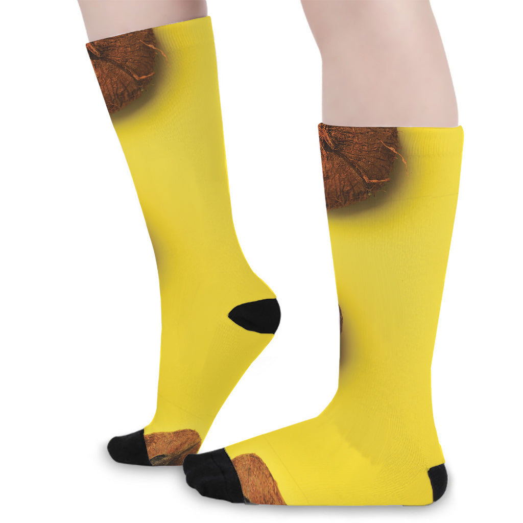 Yellow Coconut Pattern Print Long Socks