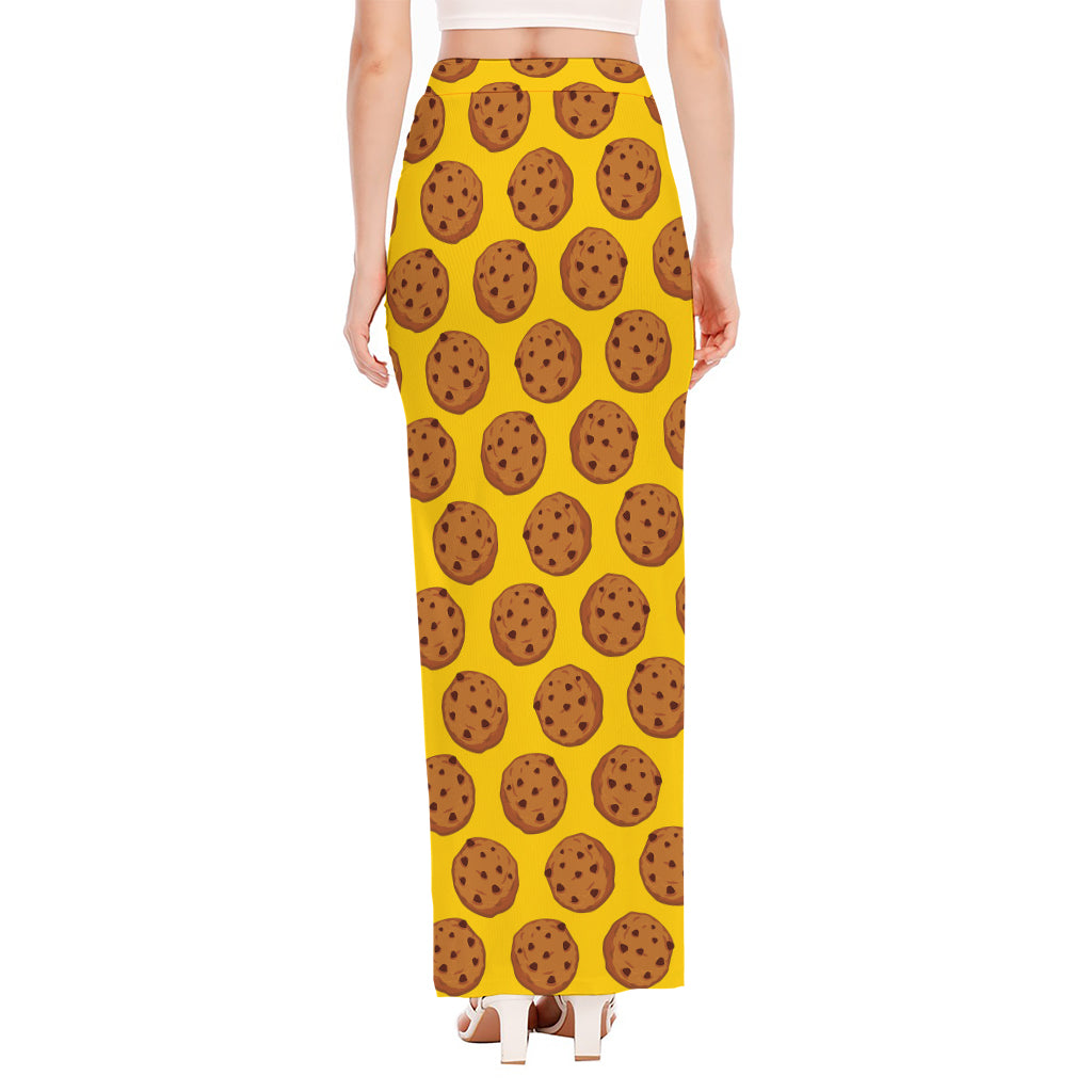Yellow Cookie Pattern Print High Slit Maxi Skirt