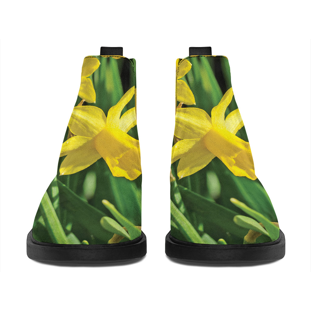 Yellow Daffodil Flower Print Flat Ankle Boots
