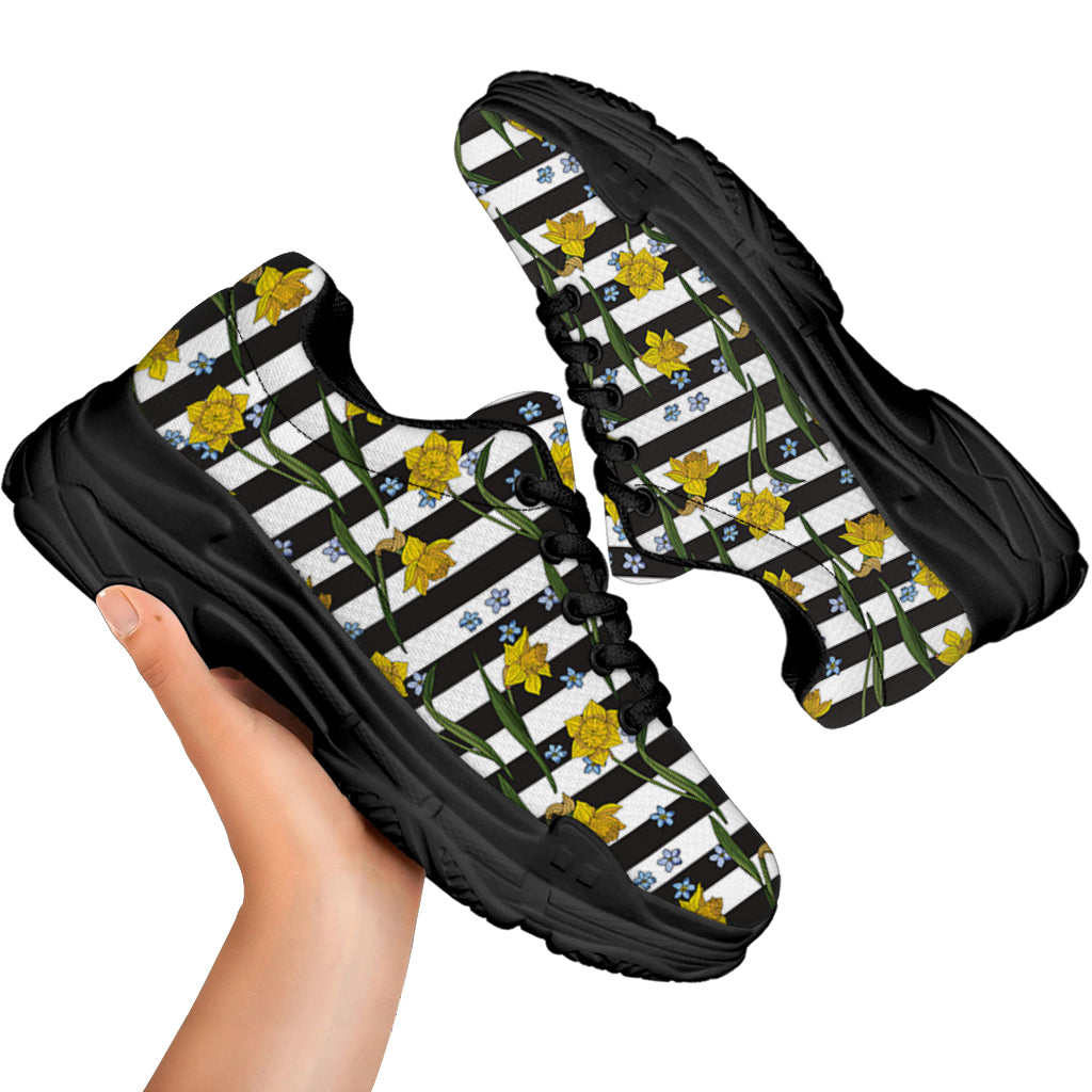 Yellow Daffodil Striped Pattern Print Black Chunky Shoes