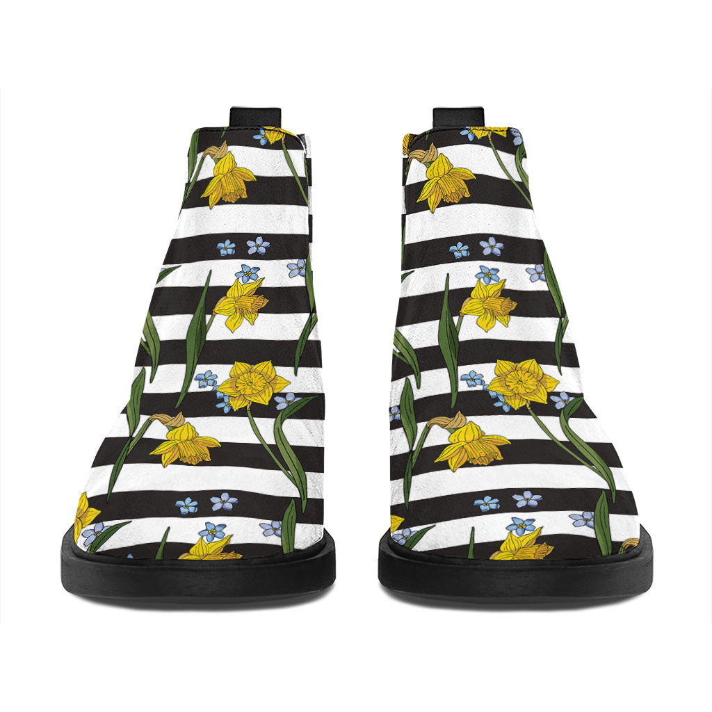 Yellow Daffodil Striped Pattern Print Flat Ankle Boots
