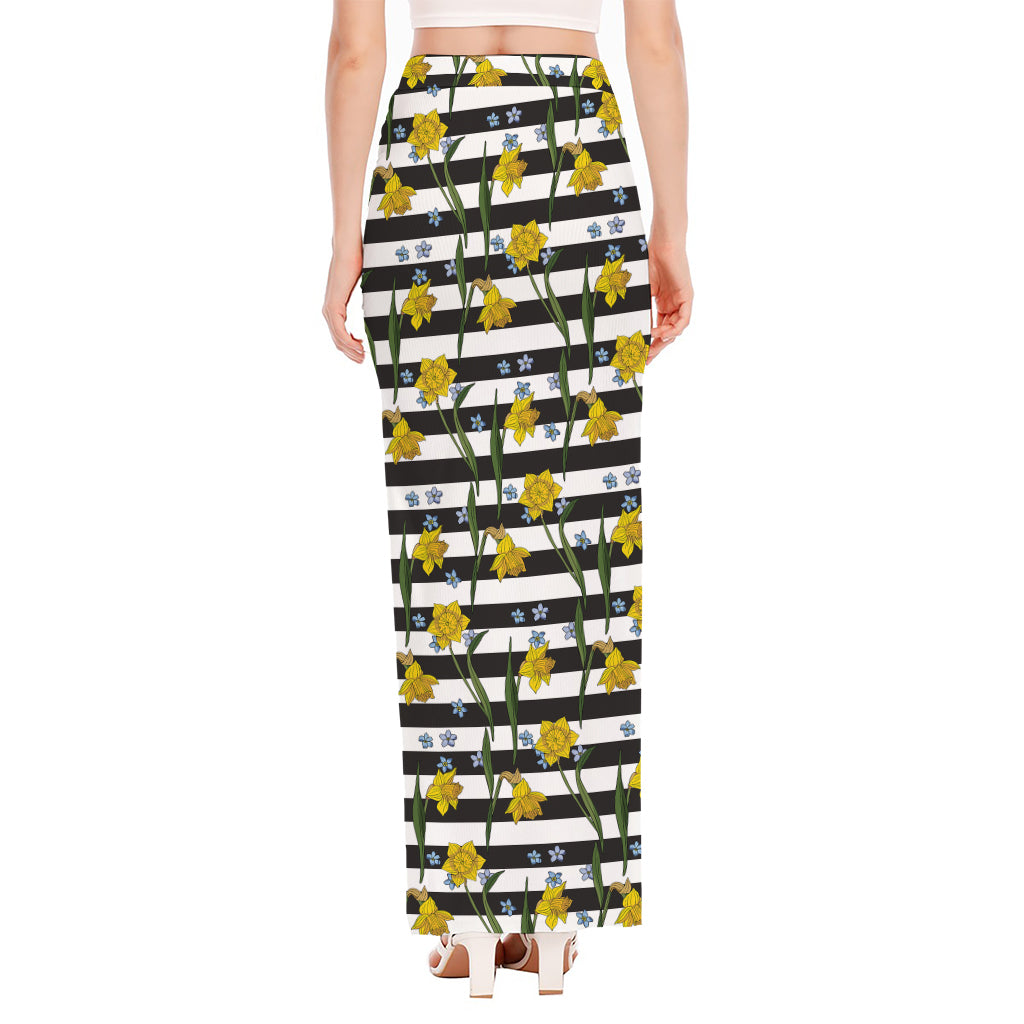Yellow Daffodil Striped Pattern Print High Slit Maxi Skirt
