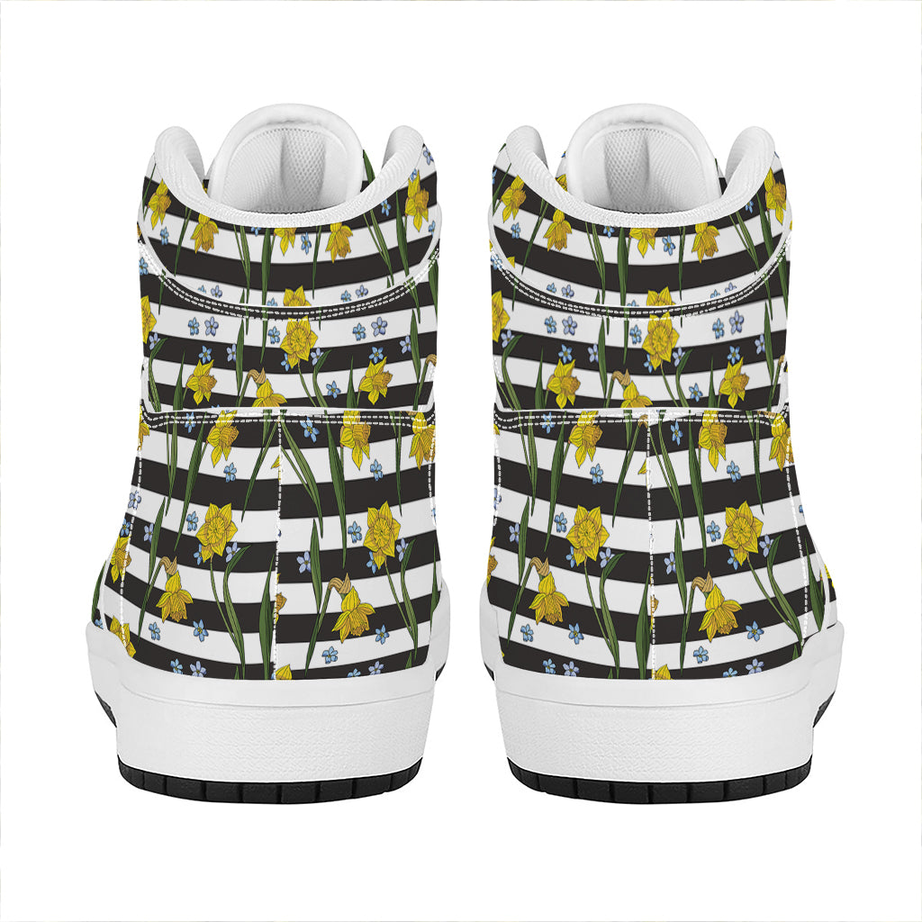 Yellow Daffodil Striped Pattern Print High Top Leather Sneakers