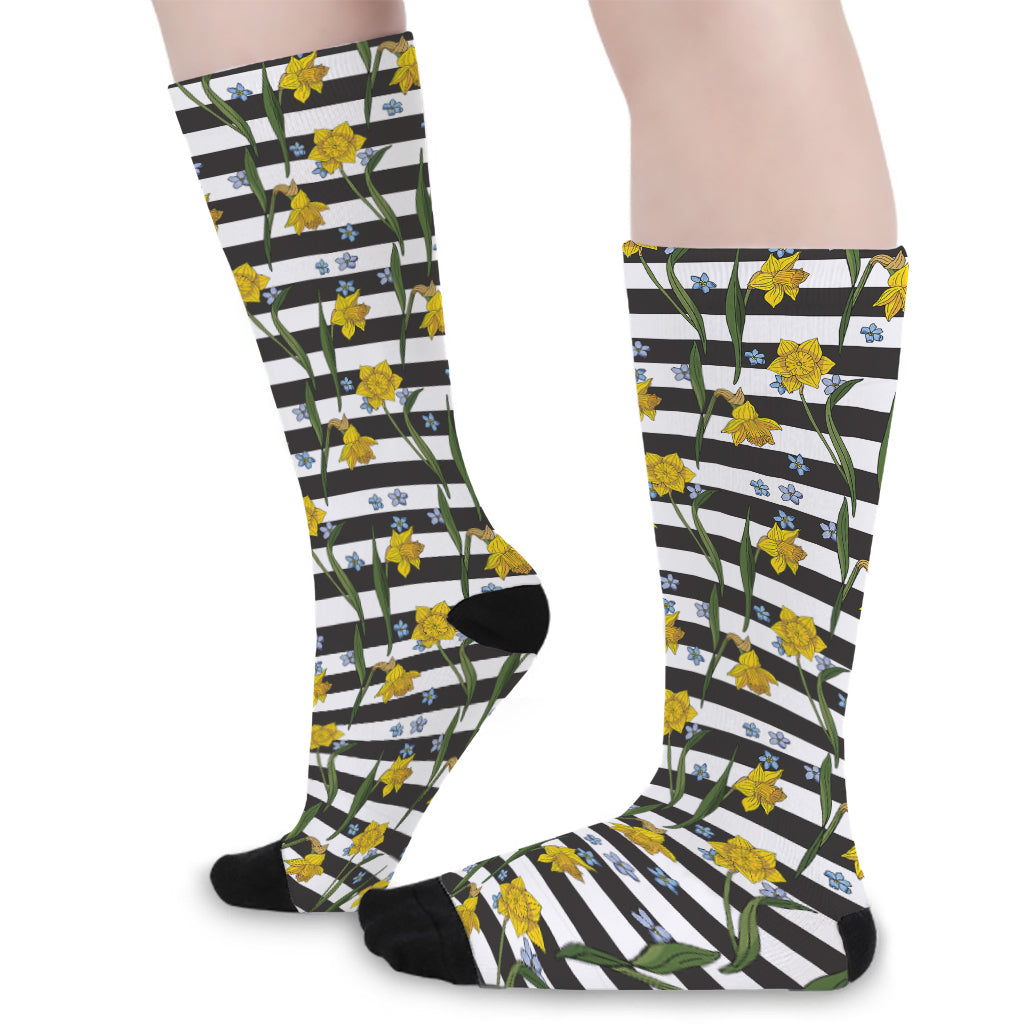 Yellow Daffodil Striped Pattern Print Long Socks