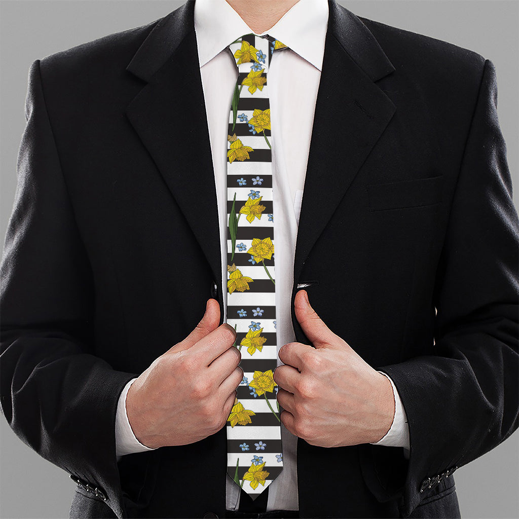 Yellow Daffodil Striped Pattern Print Necktie