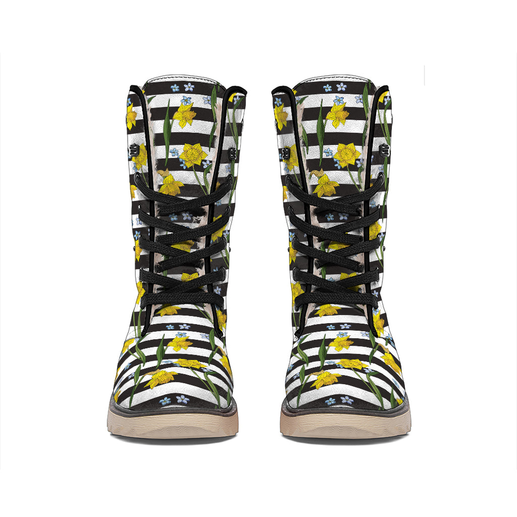 Yellow Daffodil Striped Pattern Print Winter Boots