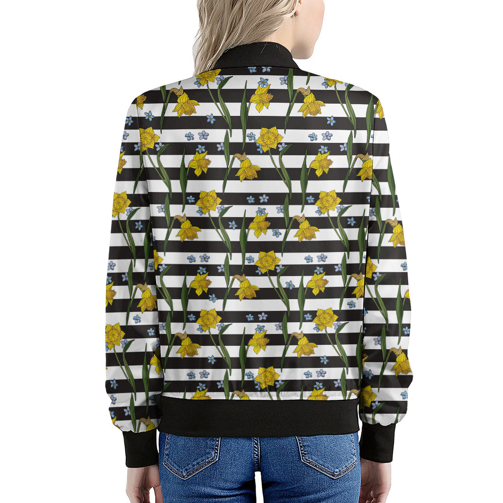 Yellow Daffodil Striped Pattern Print Women's Bomber Jacket