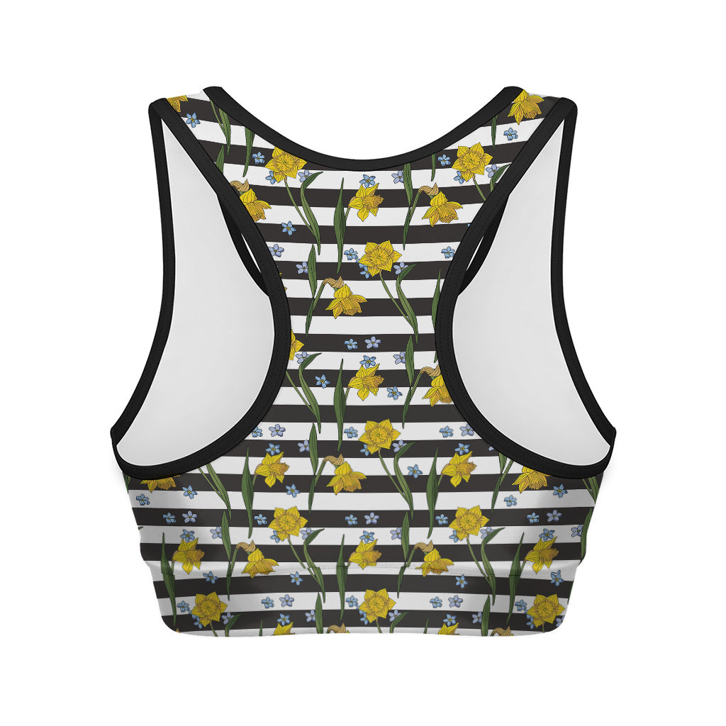 Yellow Daffodil Striped Pattern Print Women's Sports Bra
