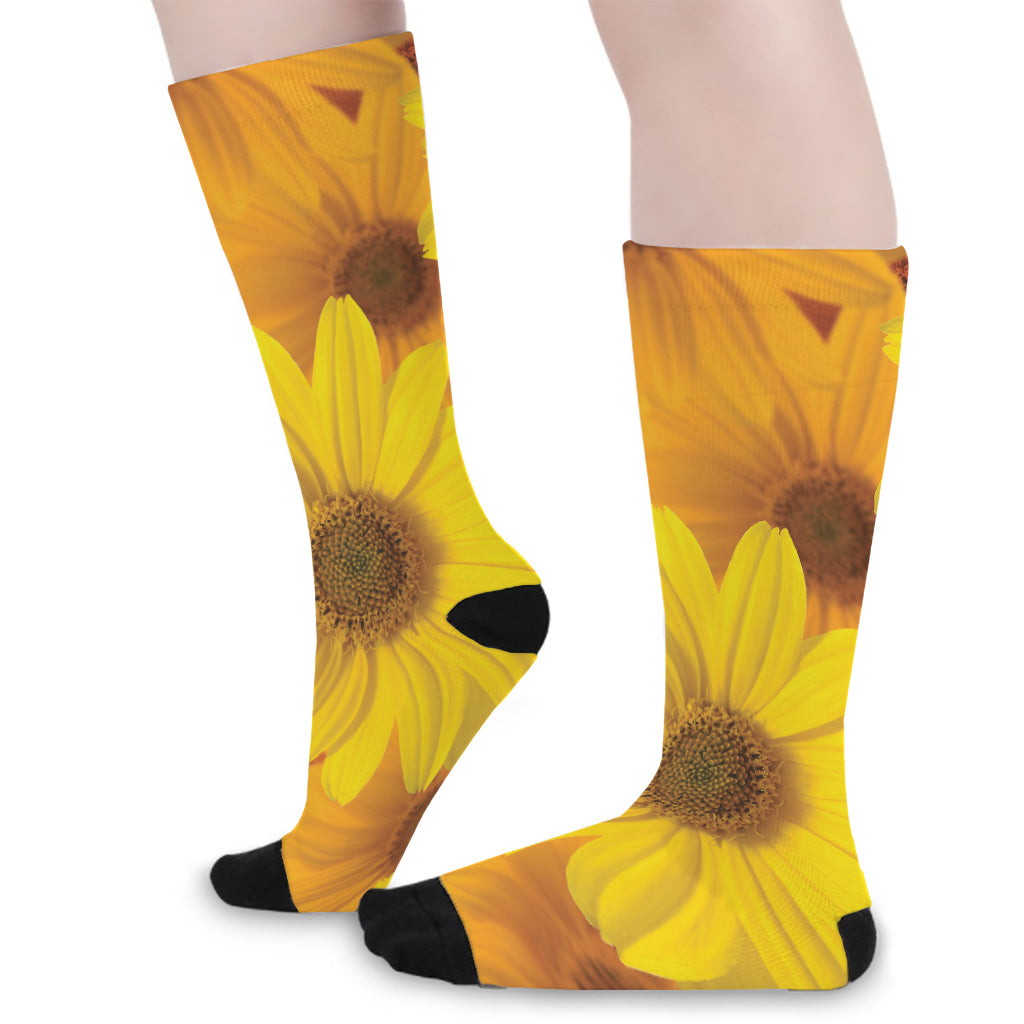 Yellow Daisy Flower Print Long Socks