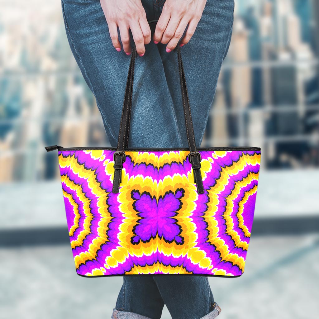 Yellow Explosion Moving Optical Illusion Leather Tote Bag
