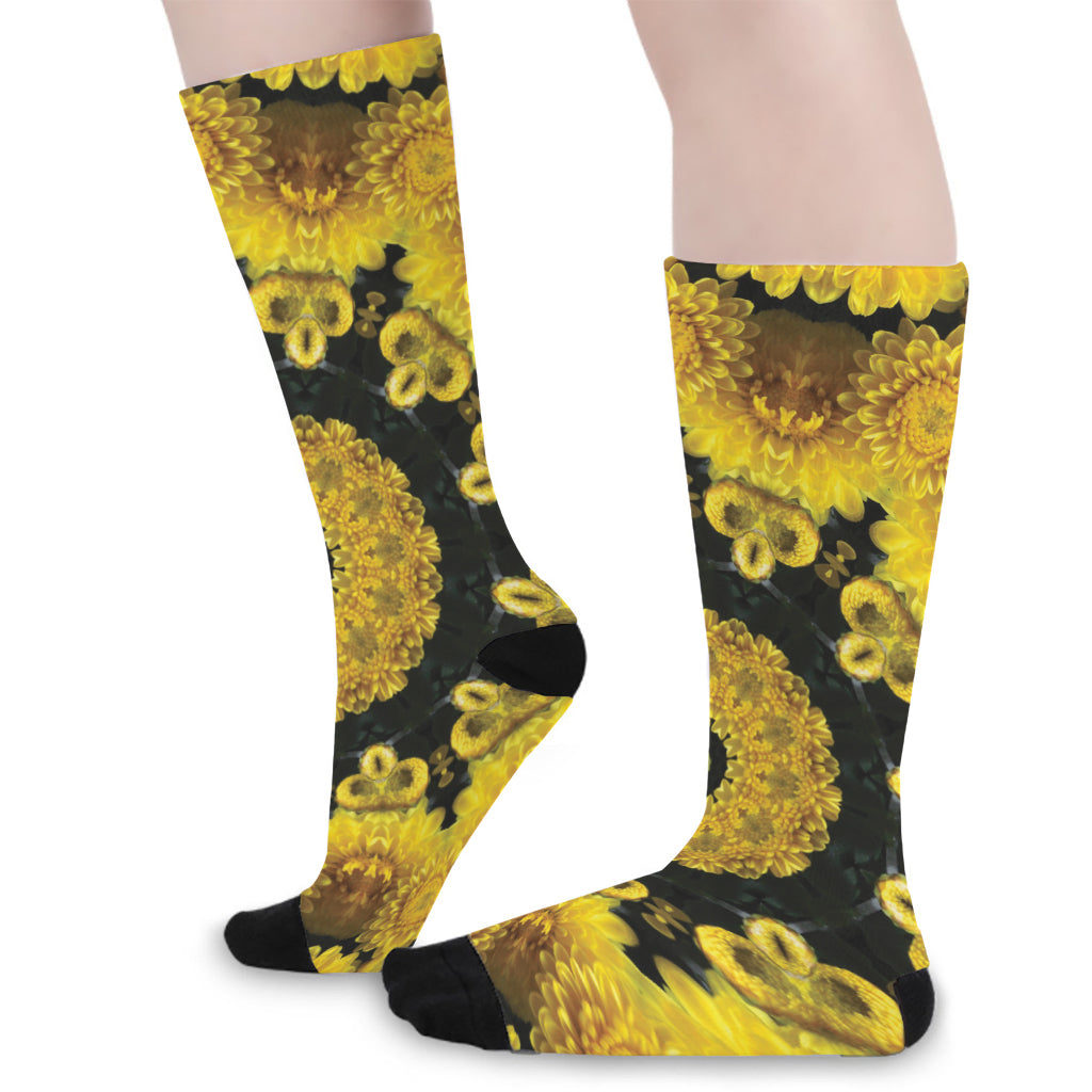 Yellow Flower Kaleidoscope Print Long Socks