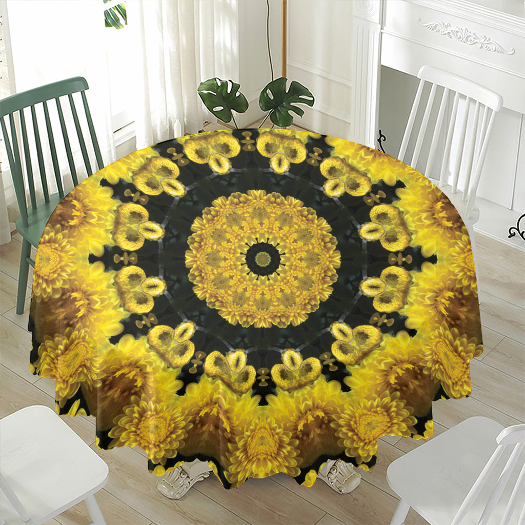 Yellow Flower Kaleidoscope Print Waterproof Round Tablecloth
