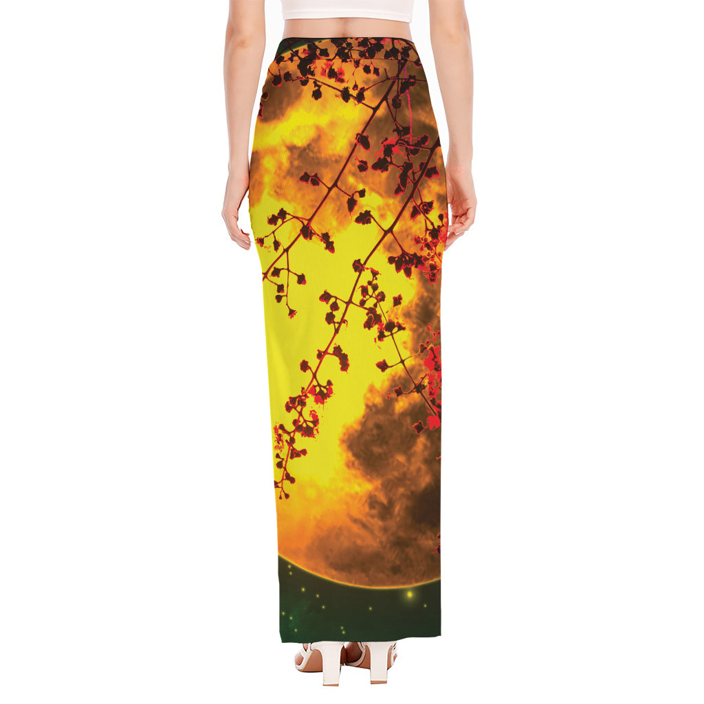 Yellow Full Moon Print High Slit Maxi Skirt