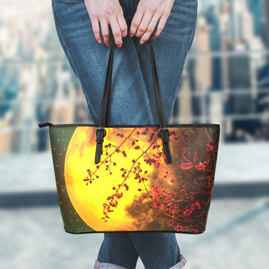 Yellow Full Moon Print Leather Tote Bag