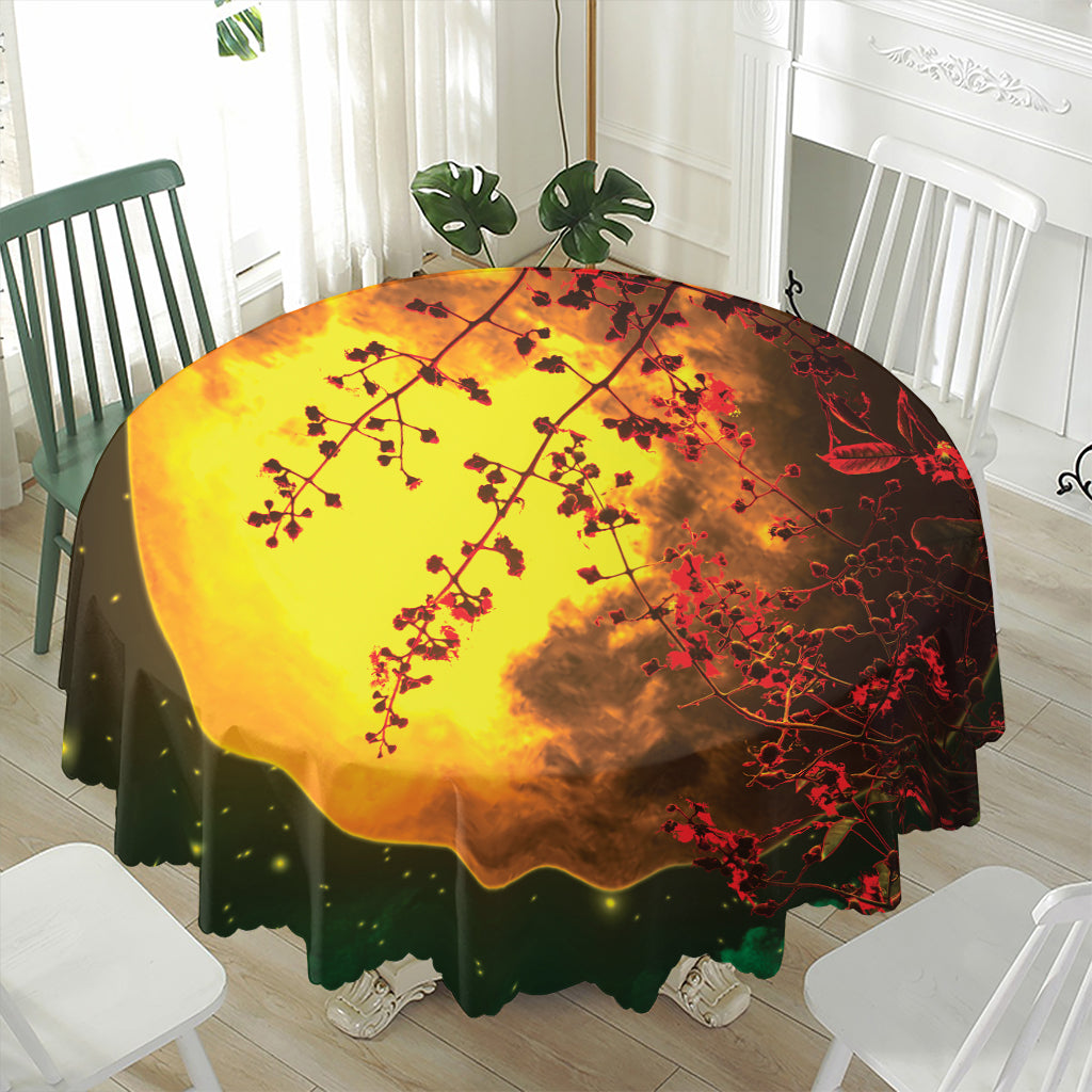 Yellow Full Moon Print Waterproof Round Tablecloth