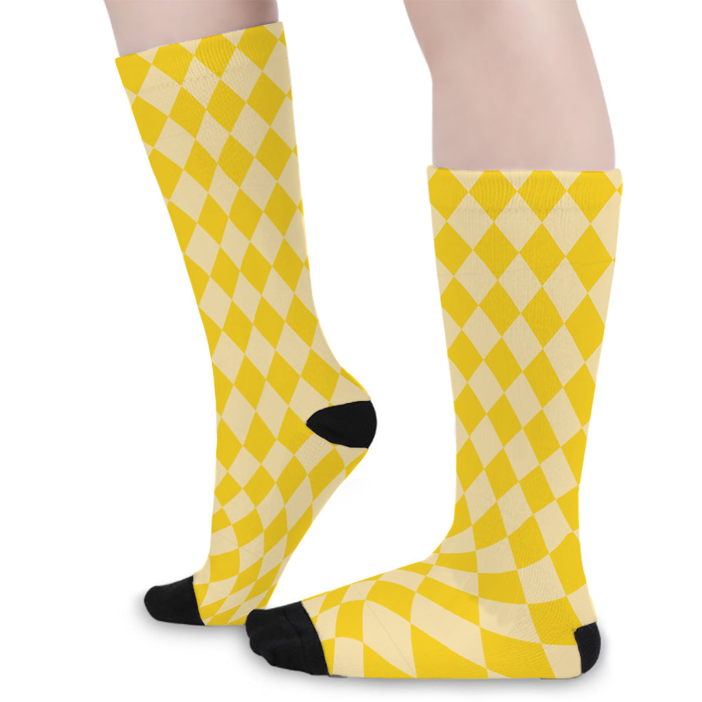 Yellow Harlequin Pattern Print Long Socks