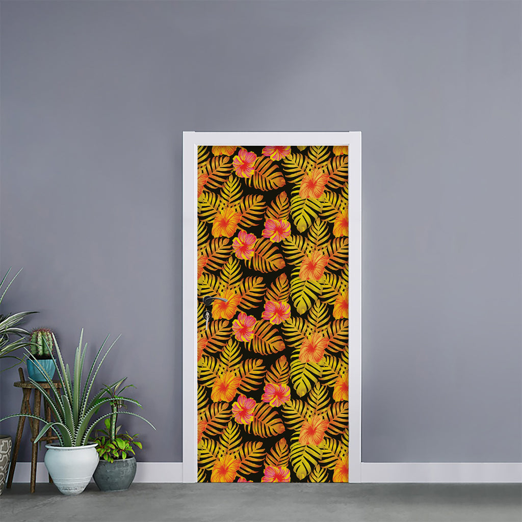 Yellow Hawaiian Tropical Pattern Print Door Sticker