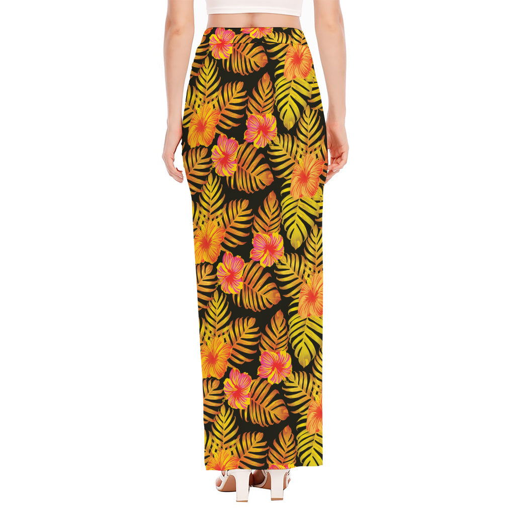 Yellow Hawaiian Tropical Pattern Print High Slit Maxi Skirt