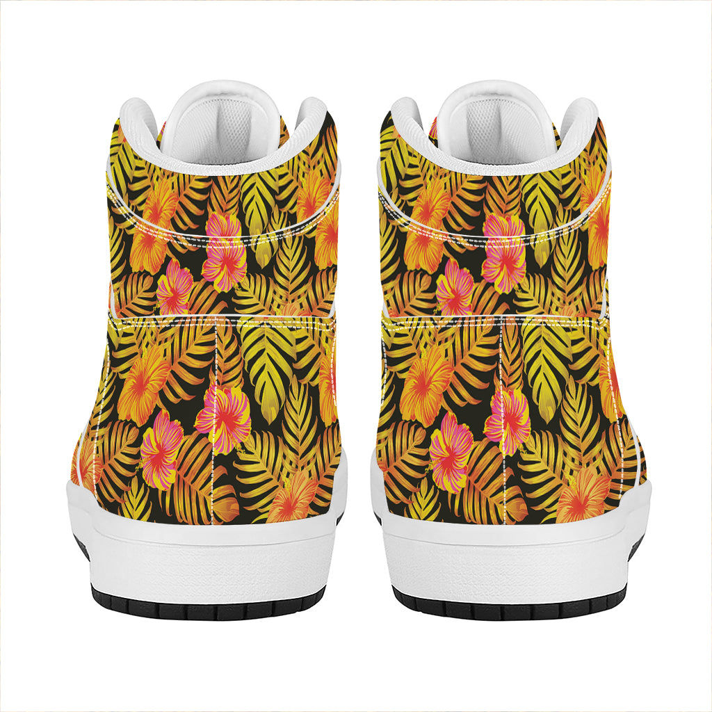 Yellow Hawaiian Tropical Pattern Print High Top Leather Sneakers