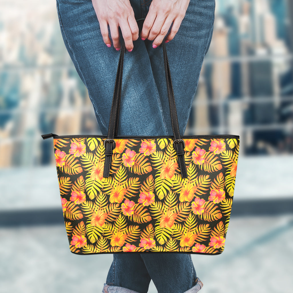 Yellow Hawaiian Tropical Pattern Print Leather Tote Bag