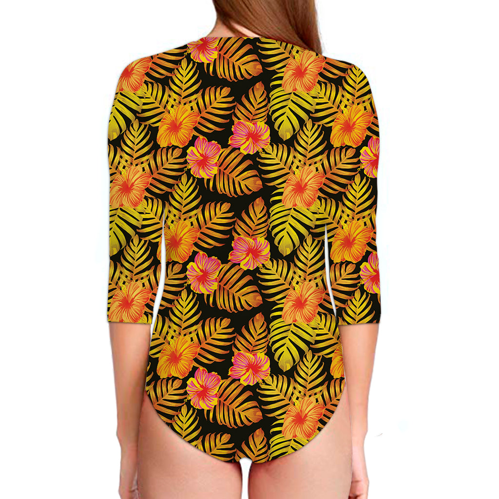 Yellow Hawaiian Tropical Pattern Print Long Sleeve Swimsuit