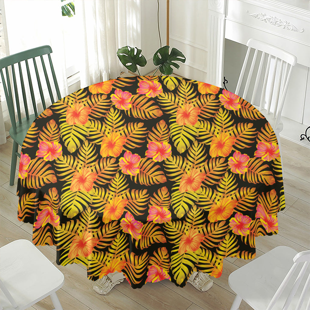 Yellow Hawaiian Tropical Pattern Print Waterproof Round Tablecloth