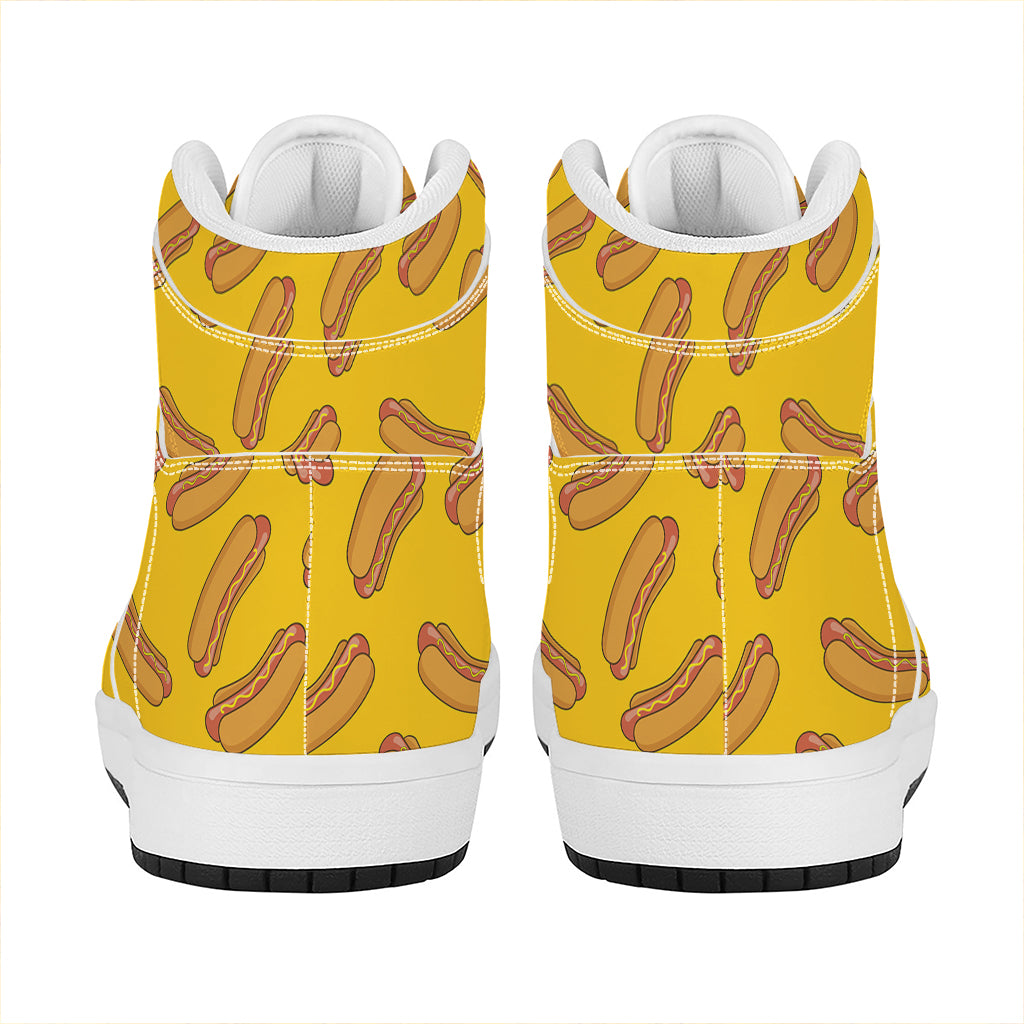 Yellow Hot Dog Pattern Print High Top Leather Sneakers