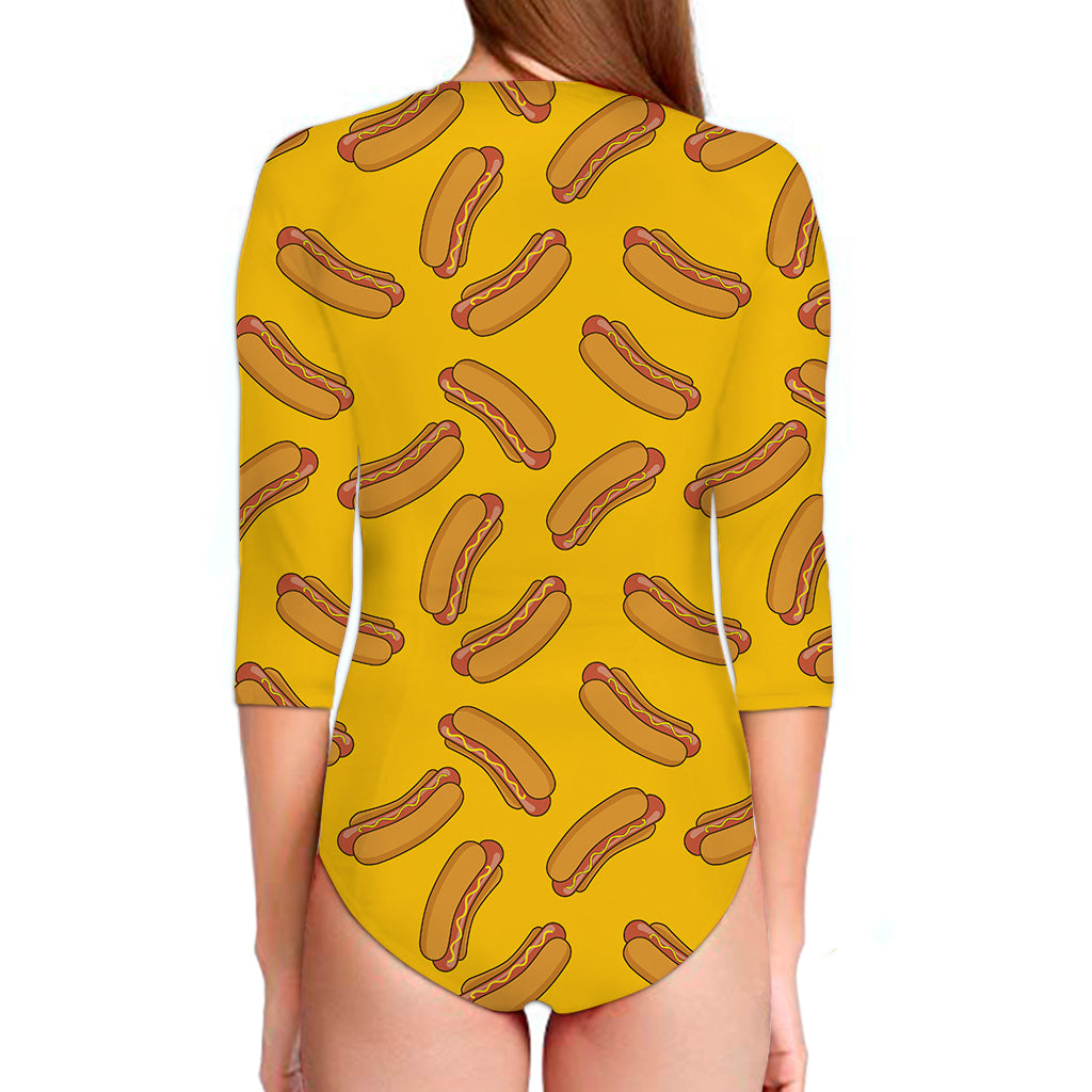 Yellow Hot Dog Pattern Print Long Sleeve Swimsuit