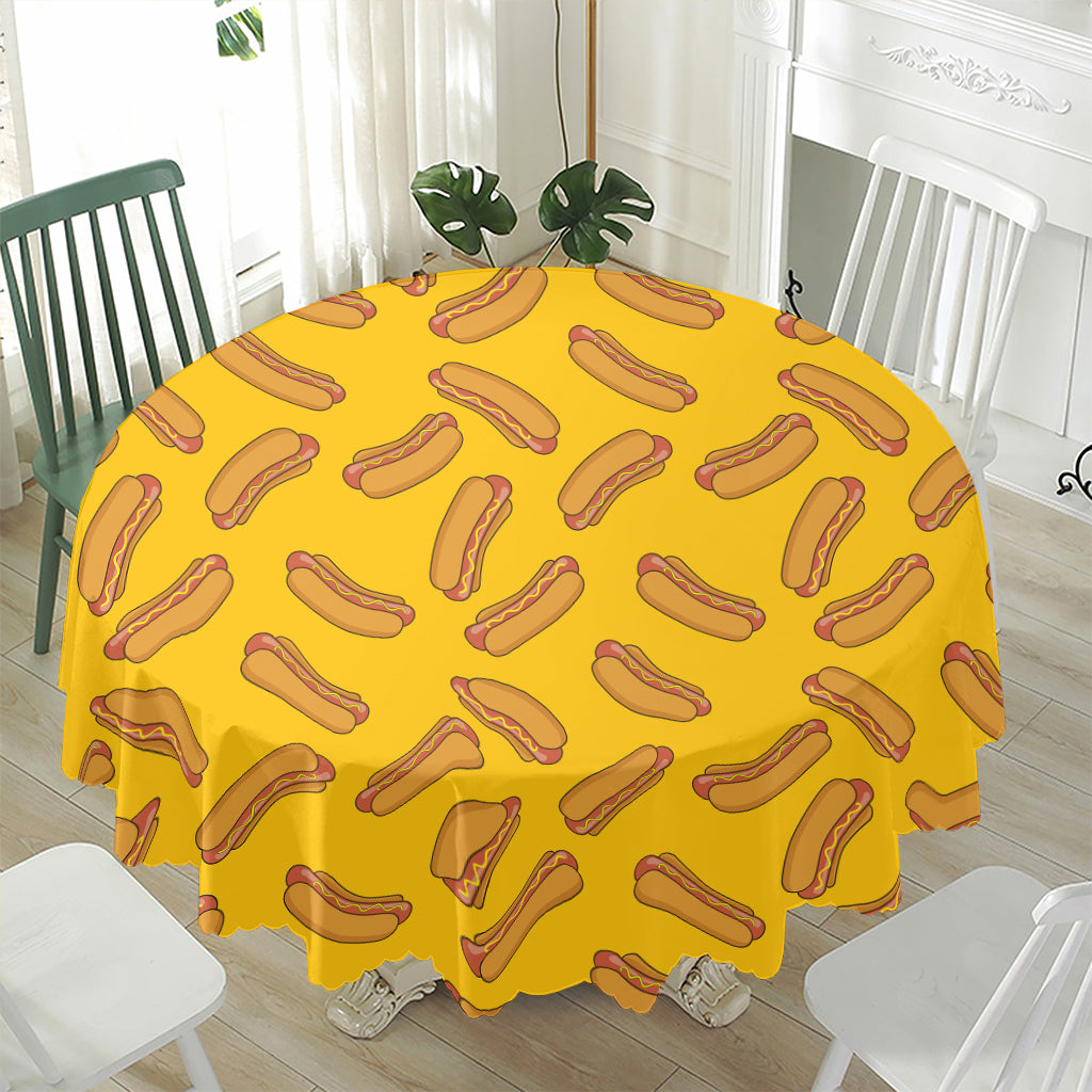 Yellow Hot Dog Pattern Print Waterproof Round Tablecloth