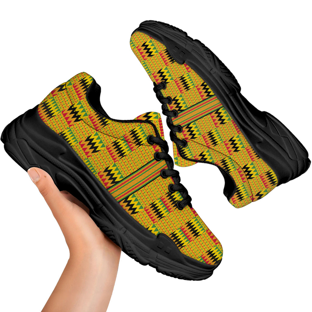 Yellow Kente Pattern Print Black Chunky Shoes