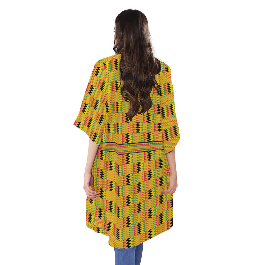 Yellow Kente Pattern Print Open Front Beach Cover Up