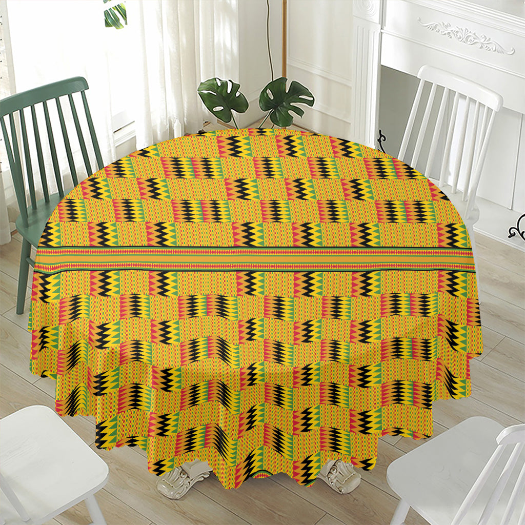 Yellow Kente Pattern Print Waterproof Round Tablecloth