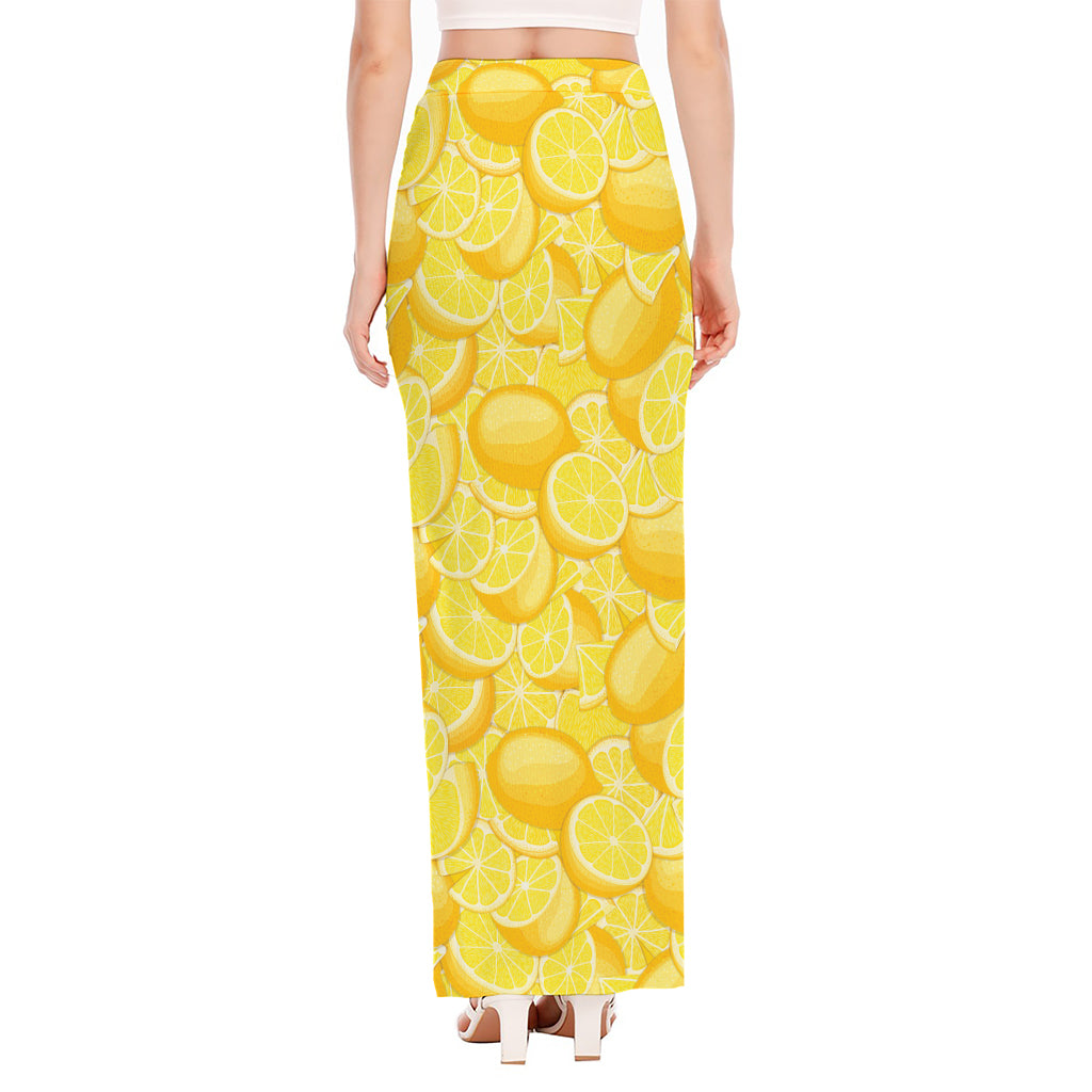 Yellow Lemon Pattern Print High Slit Maxi Skirt