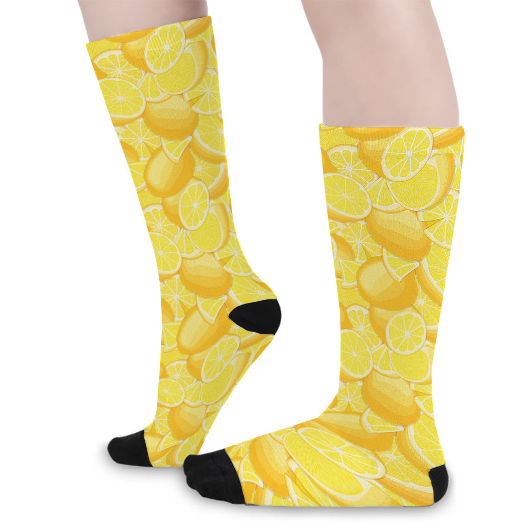 Yellow Lemon Pattern Print Long Socks