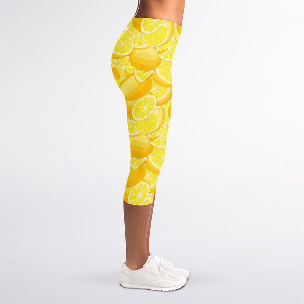 Yellow Lemon Pattern Print Women's Capri Leggings