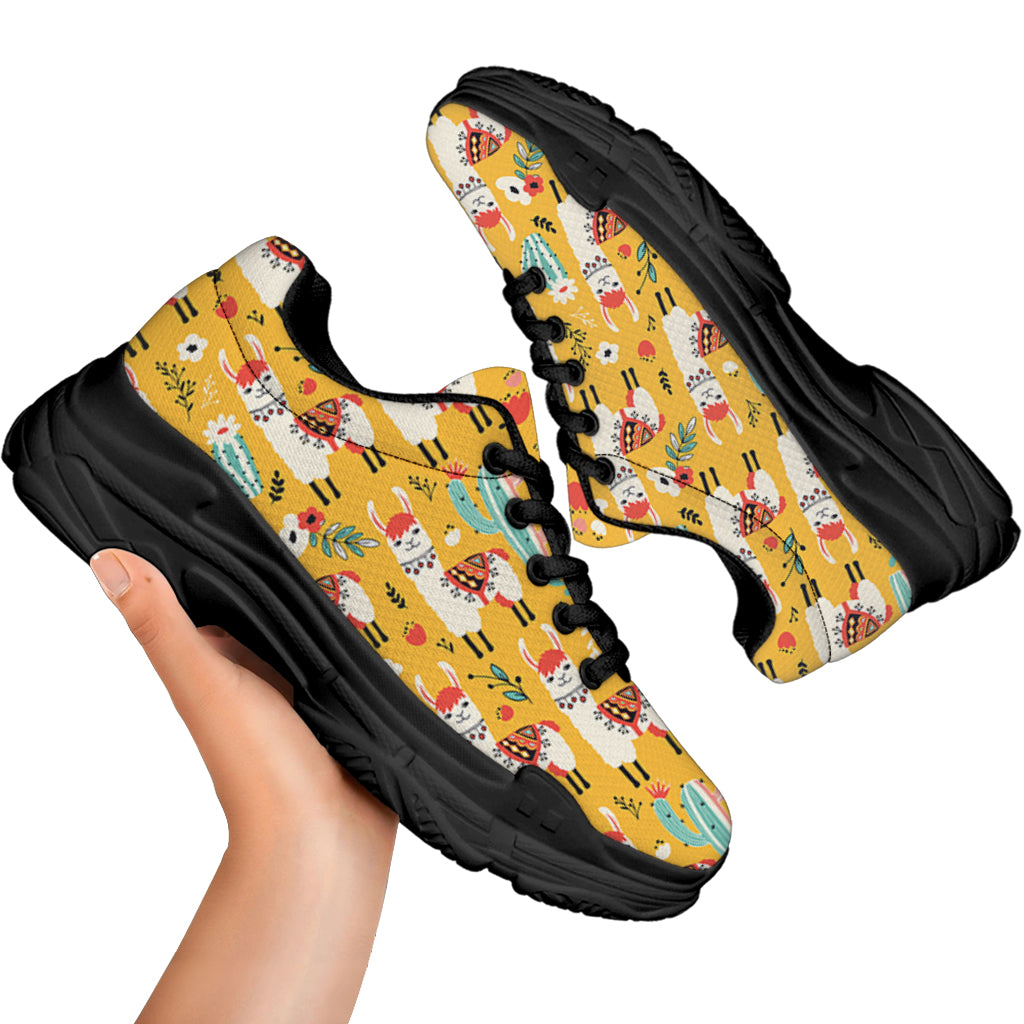 Yellow Llama Pattern Print Black Chunky Shoes