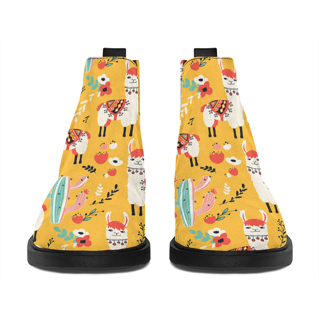 Yellow Llama Pattern Print Flat Ankle Boots