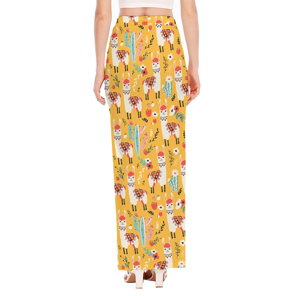 Yellow Llama Pattern Print High Slit Maxi Skirt