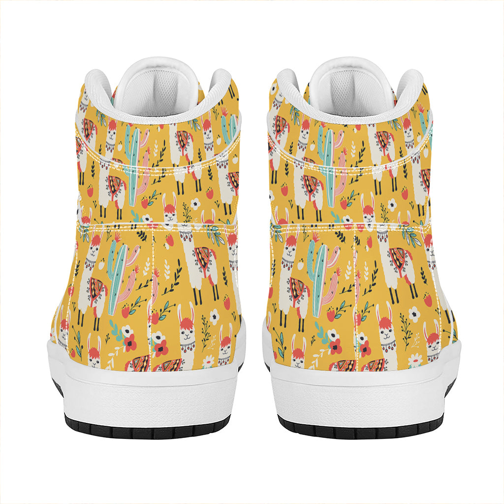 Yellow Llama Pattern Print High Top Leather Sneakers