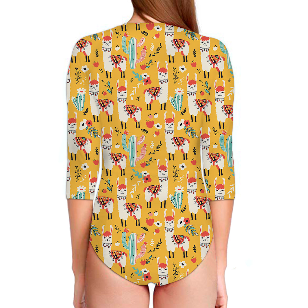 Yellow Llama Pattern Print Long Sleeve Swimsuit