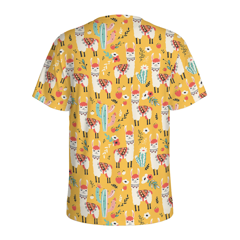 Yellow Llama Pattern Print Men's Sports T-Shirt
