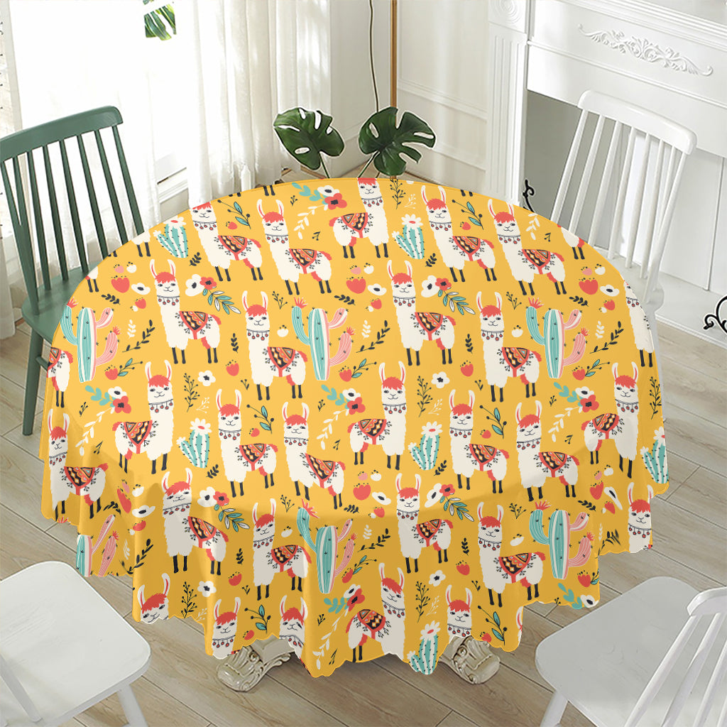 Yellow Llama Pattern Print Waterproof Round Tablecloth
