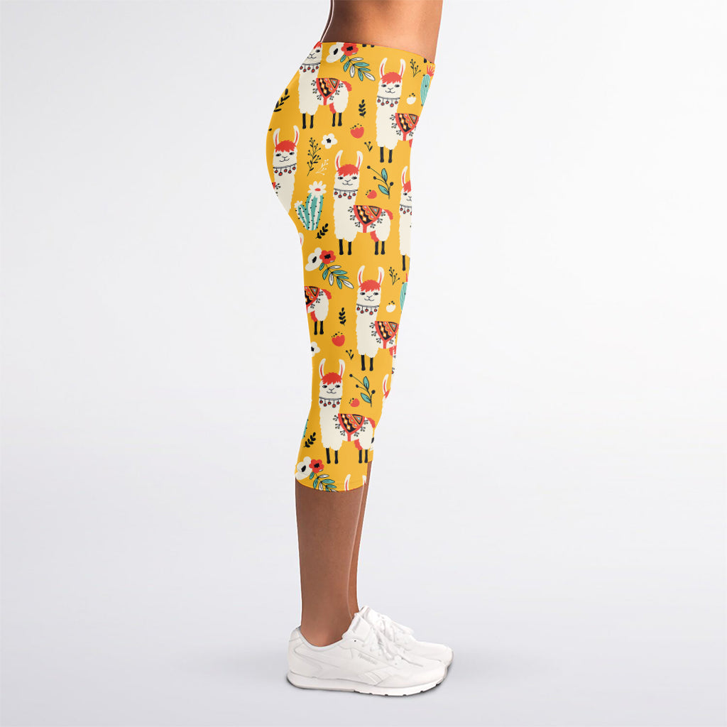 Yellow Llama Pattern Print Women's Capri Leggings